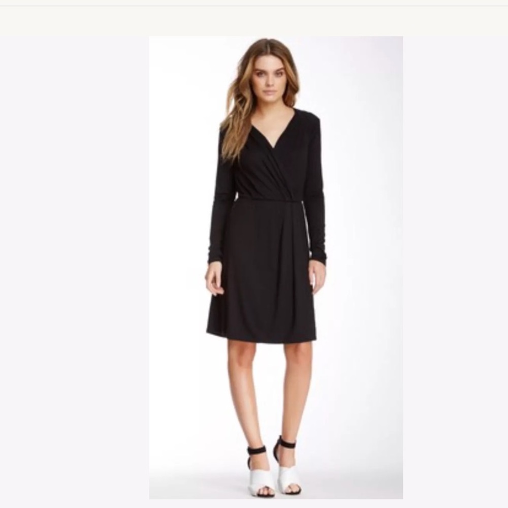 Three Dots Black Faux Wrap Long Sleeve V Neck Dress Long Sleeve S